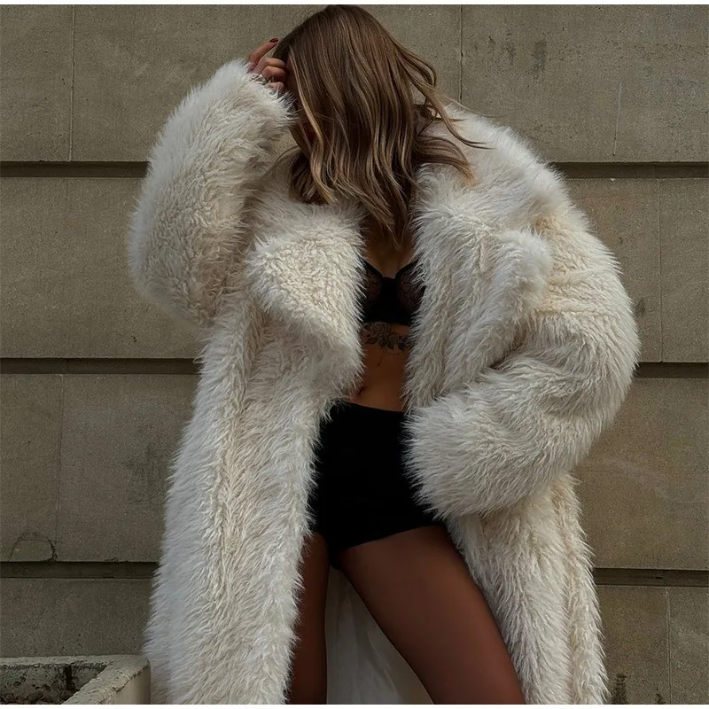Women's Clothing Luxury Fluffy Long Faux Fur Coat New Style Below The Knee Long White Thicken Charming Outerwear Fur Jacket