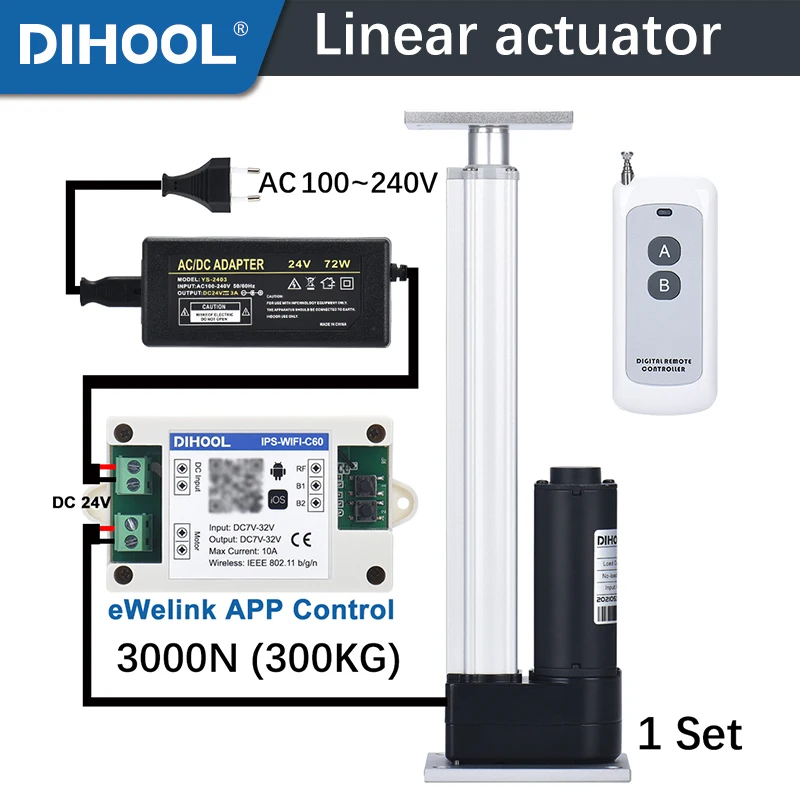 

DC 24V 60W Max 3000N Motor Electric Linear Actuator 50mm 150mm 250mm 350mm 550mm Stroke 300KG Load Customized Telescopic Rod