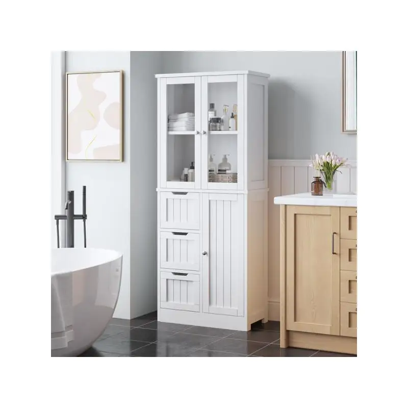 خزانة حمام متعددة الطبقات بثلاثة أبواب و3 أدراج، لمسة نهائية بيضاء، حل تخزين موفر للمساحة لأساسيات الحمام المنظمة