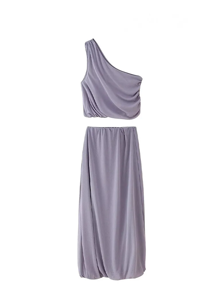 HH verano mujer nueva moda sin mangas sólido pliegue decoración asimetría espalda descubierta Top corto + Casual falda de tul de cintura media traje