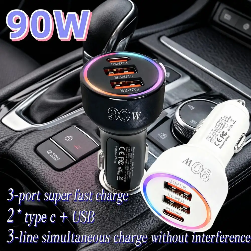 3 Ports 90W Fast Car Charger Adapter Multi Color LED Light PD 30W USB C Dual QC 3.0 Ports For iPhone 17 For Samsung Series