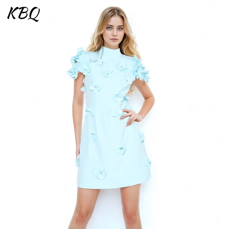 

KBQ Solid Patchwork Appliques Dresses For Women Round Neck Short Sleeve High Waist Temperament Mini Dress Female Fashion Style