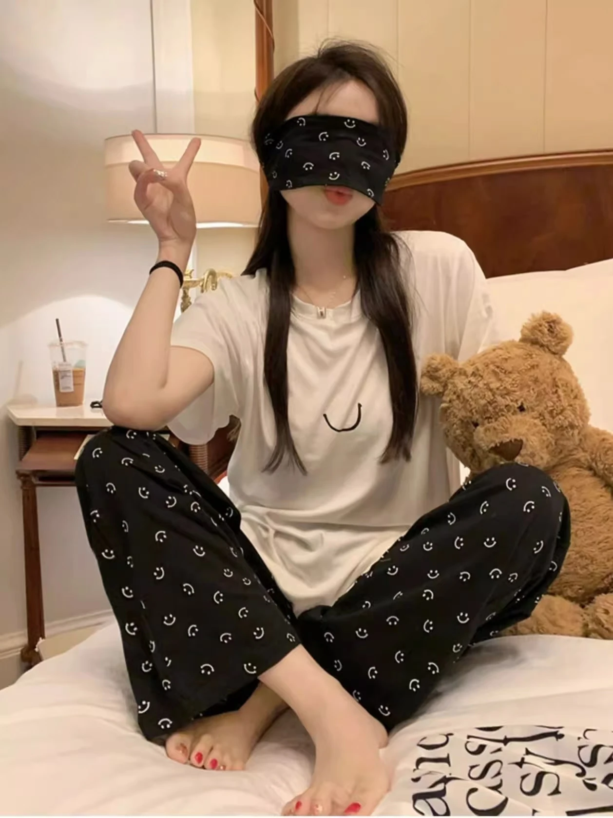 Ins Korean Version of the Girls Printed Short-Sleeved Pajamas Homewear Set Female Spring and Summer Casual Trousers Homewear Set