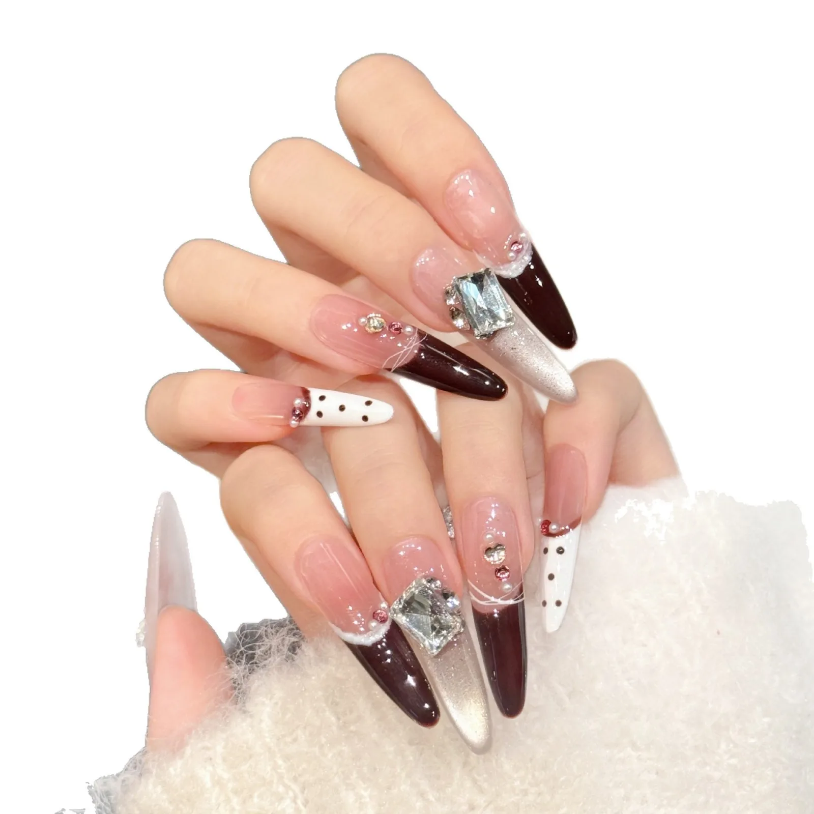 10 Stück luxuriöse handgemachte französische lange Stiletto-Nägel zum Aufdrücken, glänzendes Katzenauge, Retro-Polka-Dot-Strass-Design, künstliche Nägel, tragbar