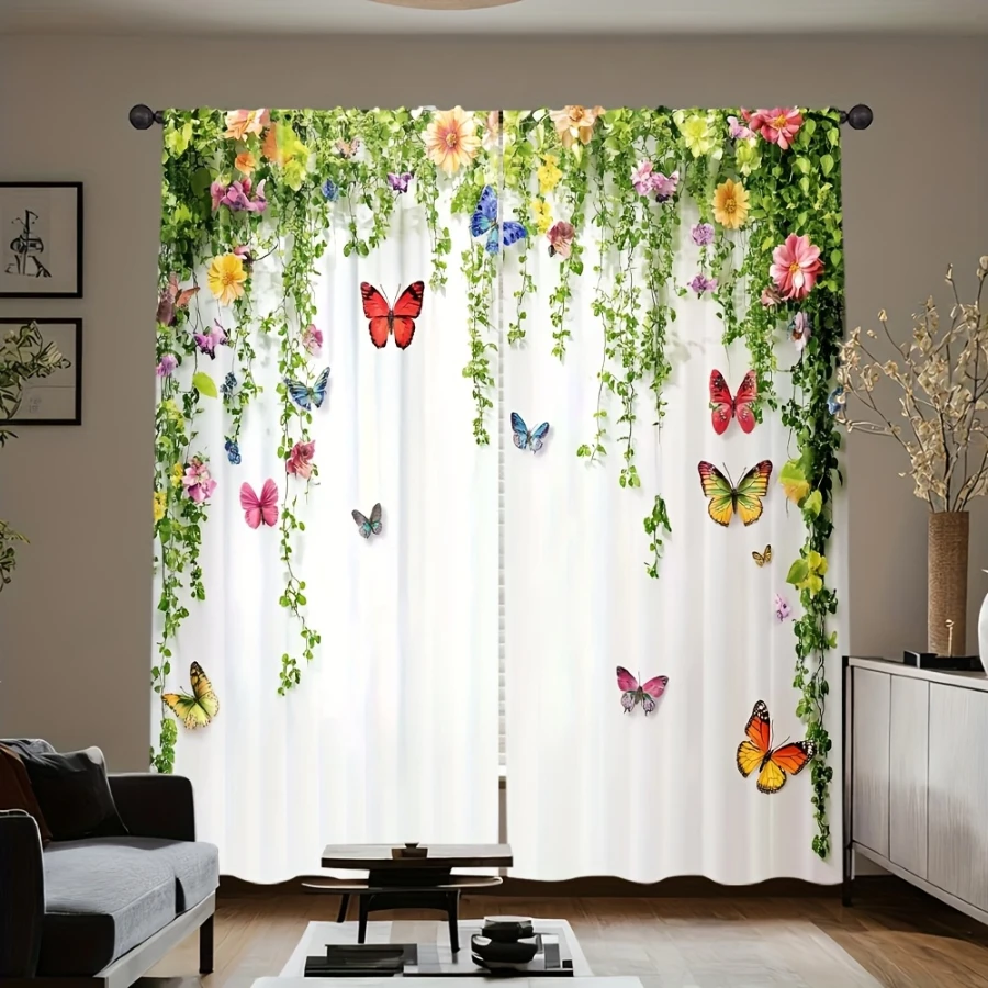 2PCS Digital Print  Curtain, Green Vines Colorful Butterfly, Modern Home Decor  Curtain for Bedroom Living Room