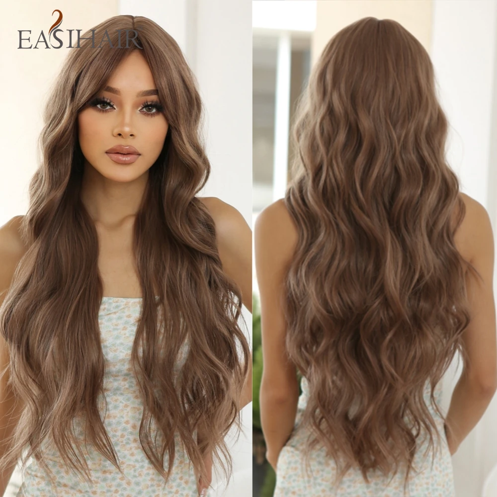 EASIHAIR Long Brown Curly Wavy Synthetic Wigs with Bang for Black Afro Women Daily Cosplay Party Natural Heat Resistant Hair Wig