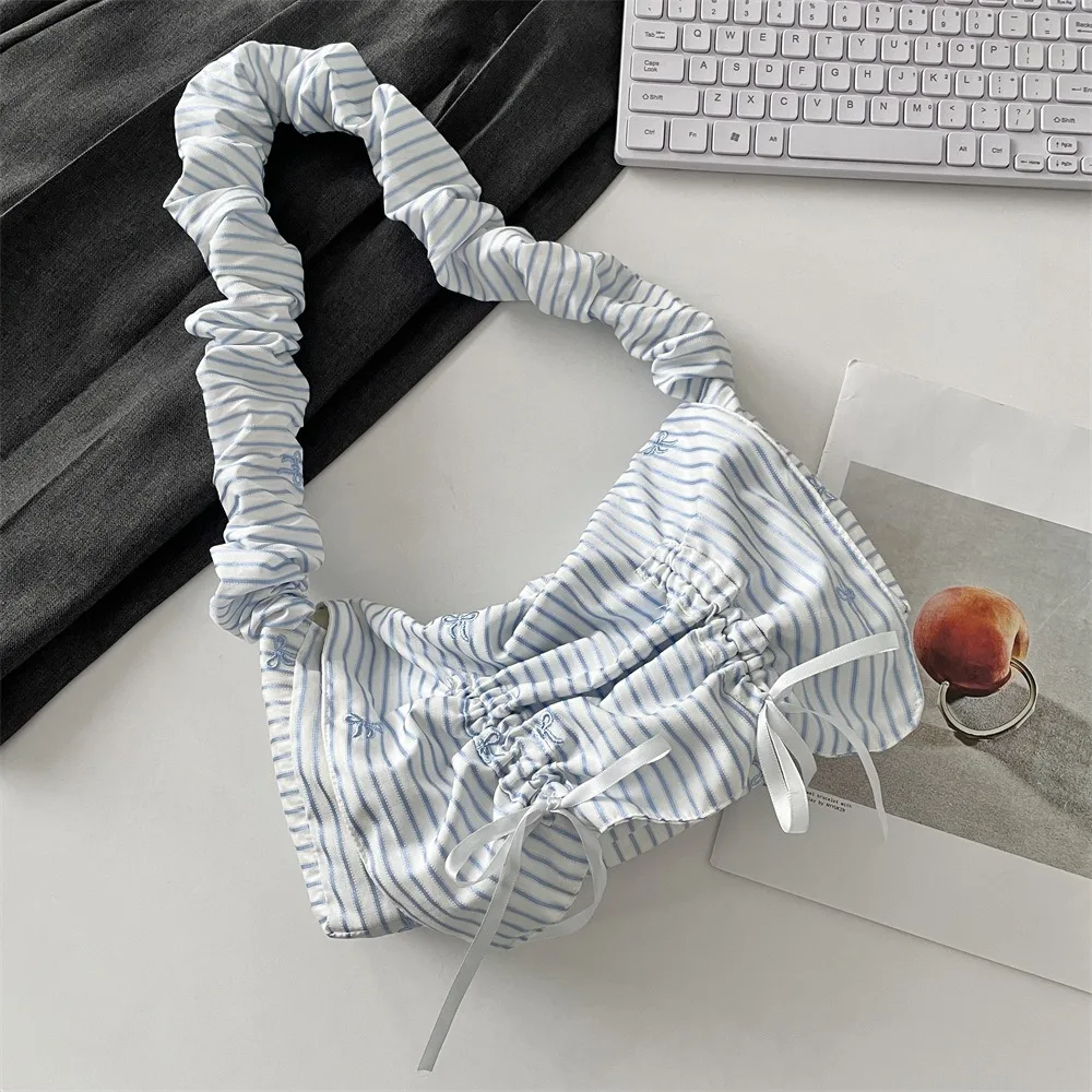 

Casual Sweet Pleated Shoulder Bag Nylon Stripe Bow Tote Bag Bowknot Pastoral Style Fresh Lace Handbag Daily