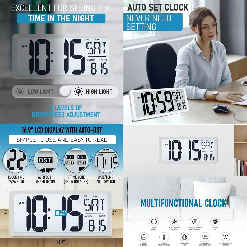 

Large 18.44 Digital Wall Clock with Backlight, Battery-Powered Alarm, Day, Date & Temp Display, Ideal for Home, Classroom, Offic