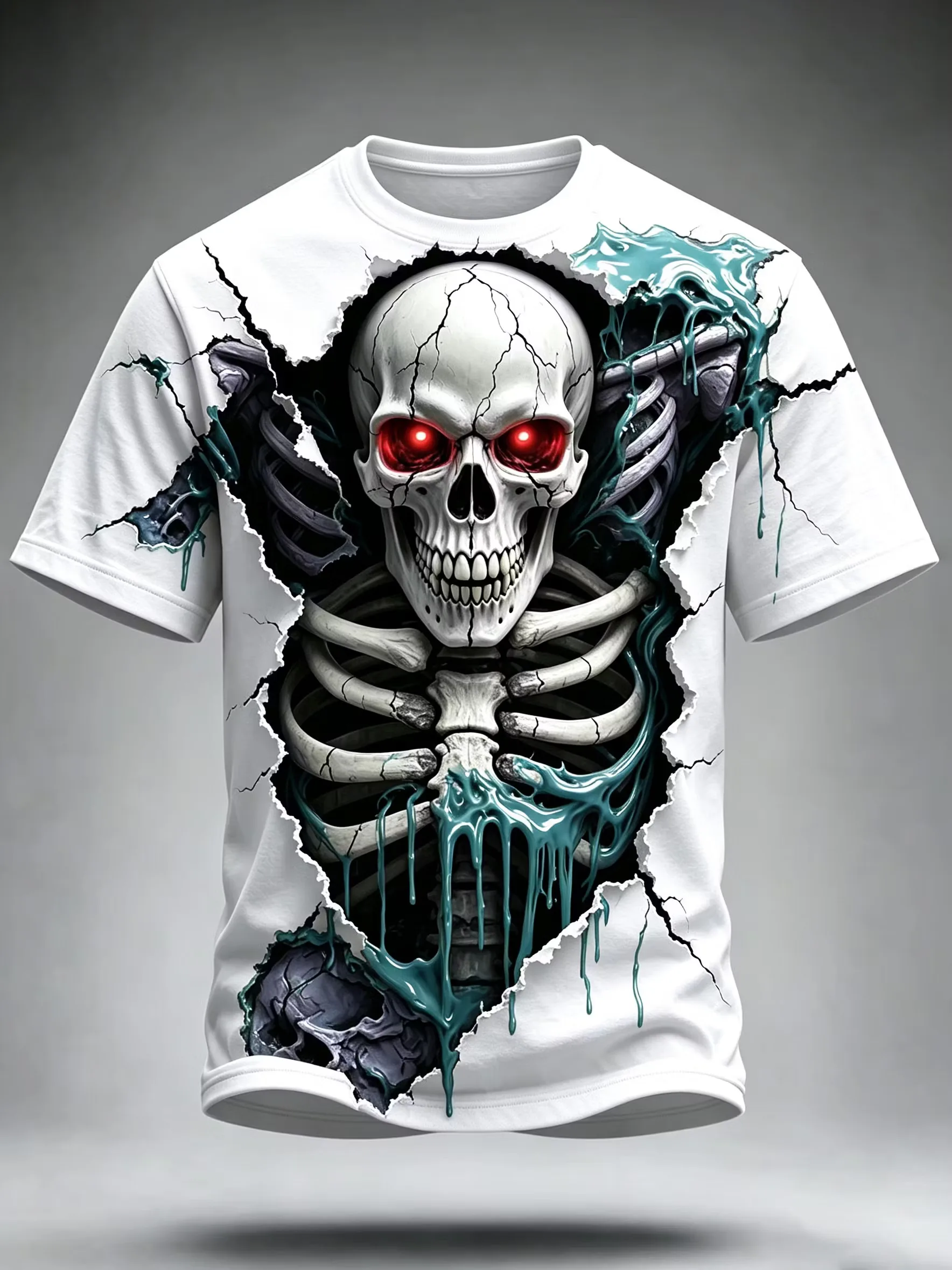 Men 3D Break‑Through Skeleton Skull Print T‑Shirt Red Glowing Eyes Slime Drip O‑Neck Short Sleeve Halloween Streetwear Tee Tops