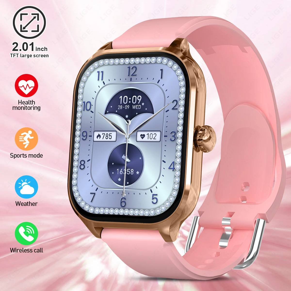 2025 New Fashion Women Smart Watch 2.01'' Screen Bluetooth Call Sports Fitness Tracker Heart Rate Waterproof Men Smartwatch Lady