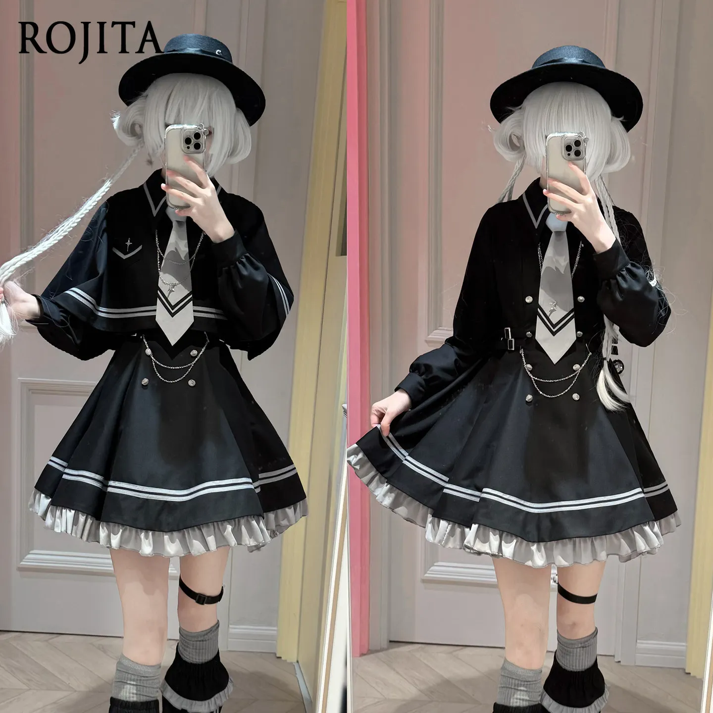 

Black White Preppy Style Kawaii Outfit Sweet and Cool Sailor Suit Bud Style Dress + Leg Cover + Cape + Tie