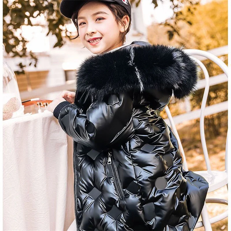 New Girls Glossy Fur Collar Jackets Children Thicken Solid Colour Outerwear Kids Trends Hooded Coats Winter Warm Fashion Parkas