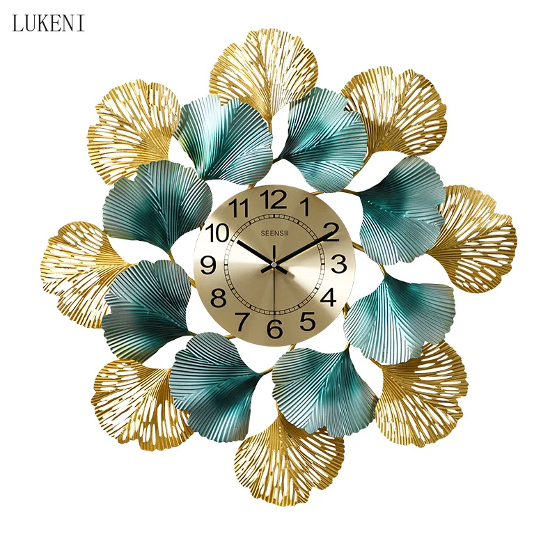 

American Wrought Iron Ginkgo Leaf Decorative Wall Clocks Mural Crafts Home Livingroom Silent Clocks Bedroom Wall Decoration Art