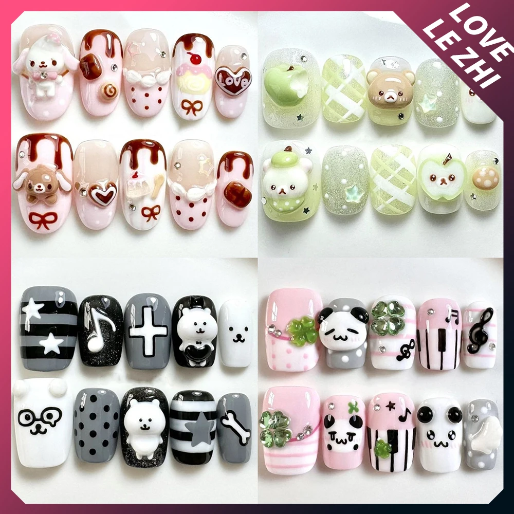 

Cartoon Anime Rilakkuma Handmade Short Square Almond Press On Nails Cute Bear Cat Four-Leaf Clover Hand-Drawn Pattern Fake Nails