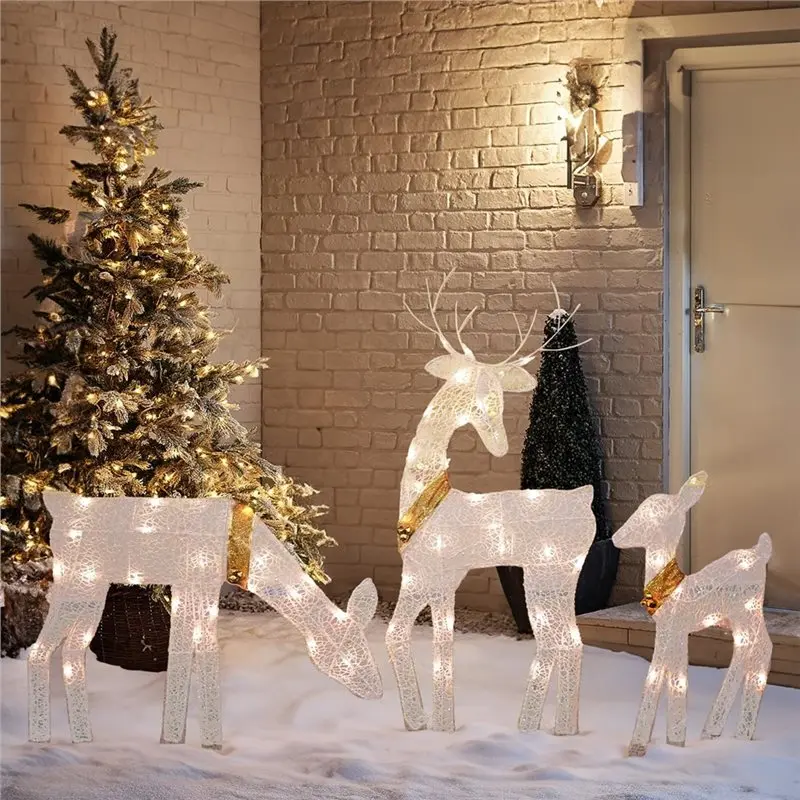 【EFFICIENT 】Bright Lighted 2D Reindeer Family, 3-Piece Christmas Outdoor Decoration With 60 L, Pre-Lit Light Up Deer Set,For Yar