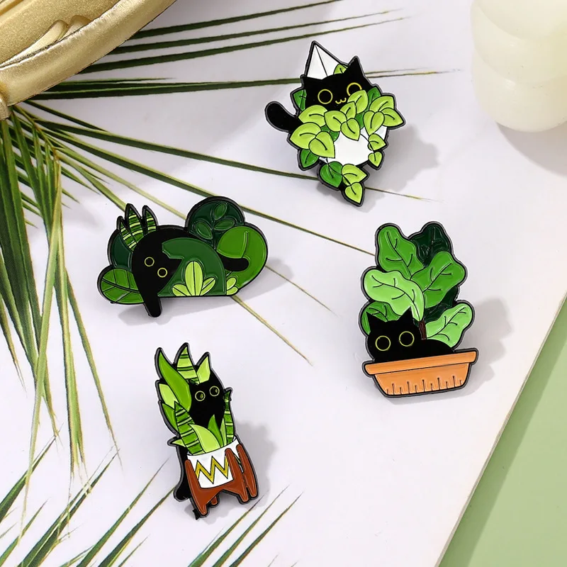 Cute Black Cat Enamel Brooch Cactus Plant Potted Flower Grass Coal Cat Cartoon Metal Badge Punk Lapel Pins Jewelry Accessories