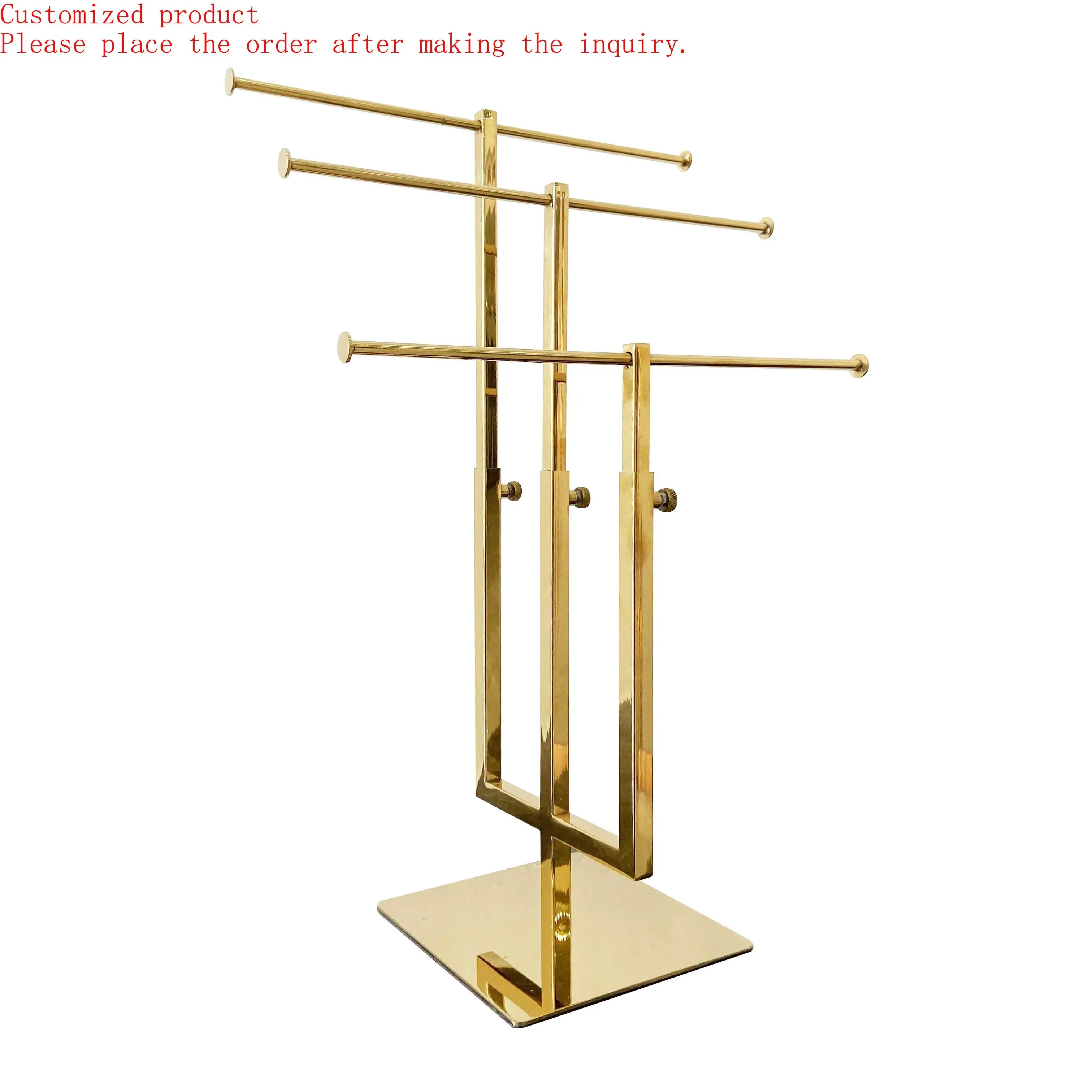 

Bag Store Wholesale Adjustable Height T-bar Custom Color Electroplate Stainless Steel Display Rack Three Layer Handbag Stand