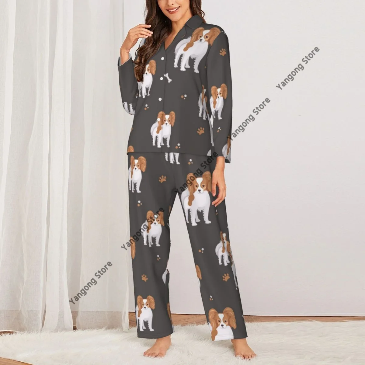 Women's Pajamas Long-sleeved Girl Loungewear Two-piece Set Papillon Dog Cartoon Cute Puppies Pajamas for Autumn Spring