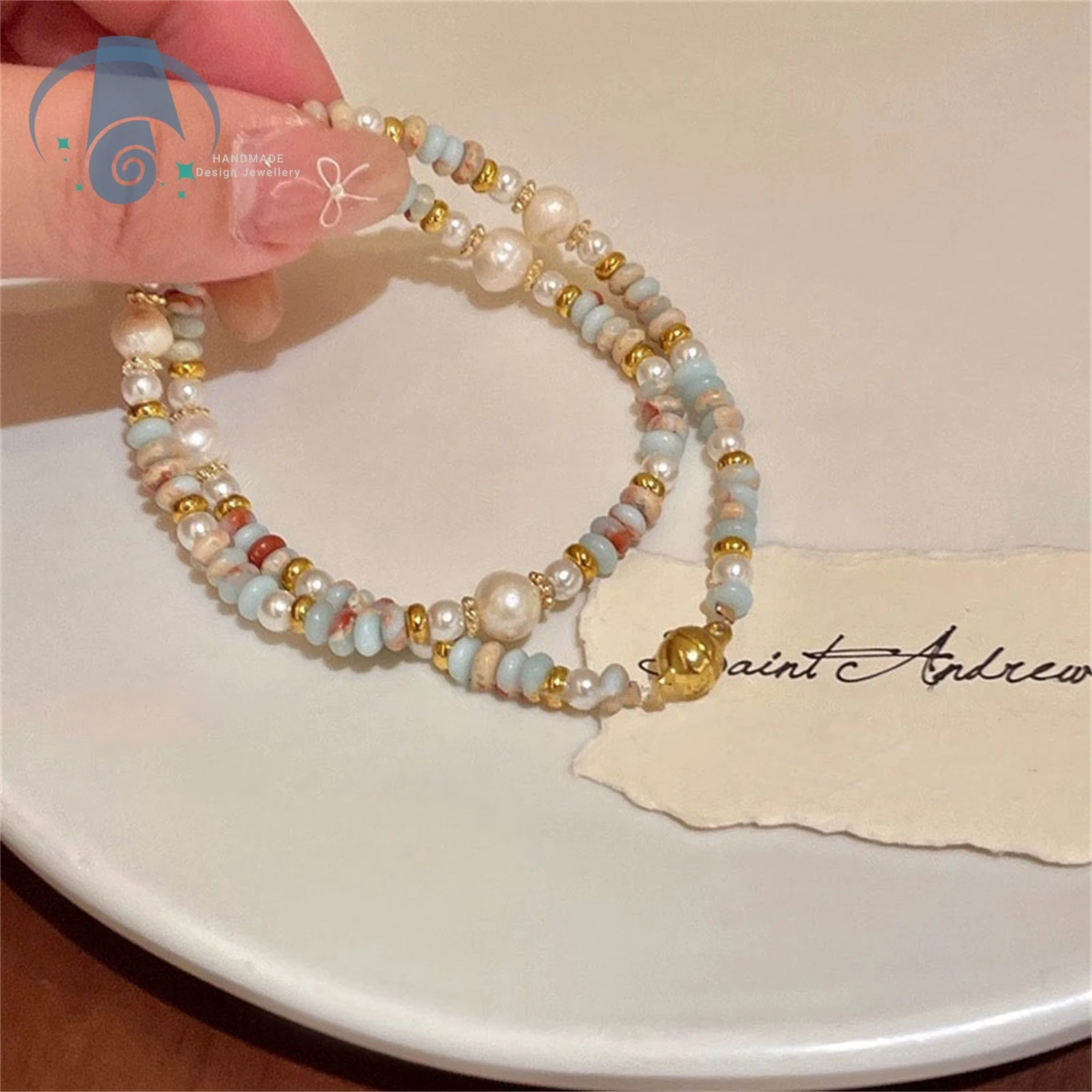 Unique Double Layer Pearl Shoushan Stone Bracelet Stackable Vintage Beaded Dainty Jewelry for Women Minimalist Luxe Boho Style