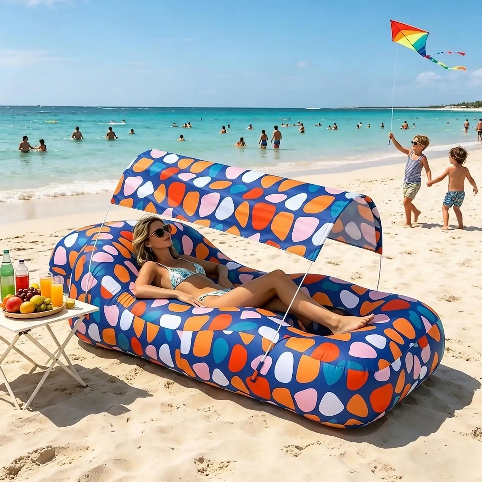 Inflatable Beach Lounger Camping Air Sofa With Sun Shade No-Pump Blow Up Couch For Outdoor Camping Hiking Picnic Vacation