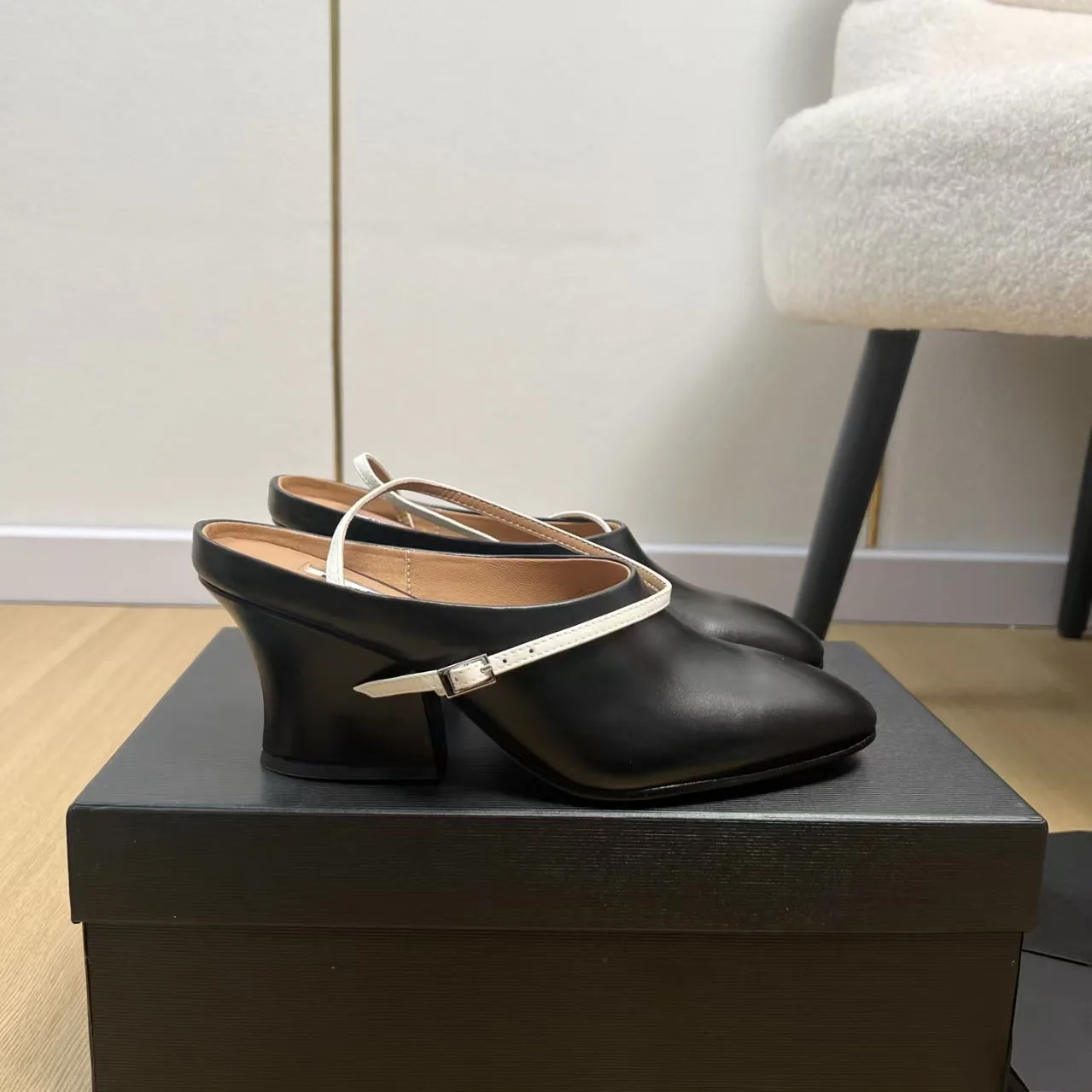 Picture 4: Women's Blue Black Leather Mules White Ankle Strap Sculpted Heel Shoes