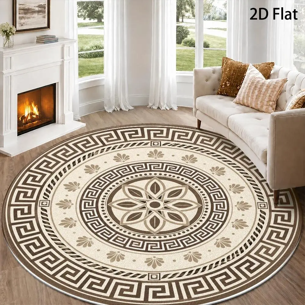 Brown Cream Greek Key Floral Round Area Rug Classic Ancient Greek Geometric Pattern Circular Carpet Soft Indoor Floor Mat Lounge