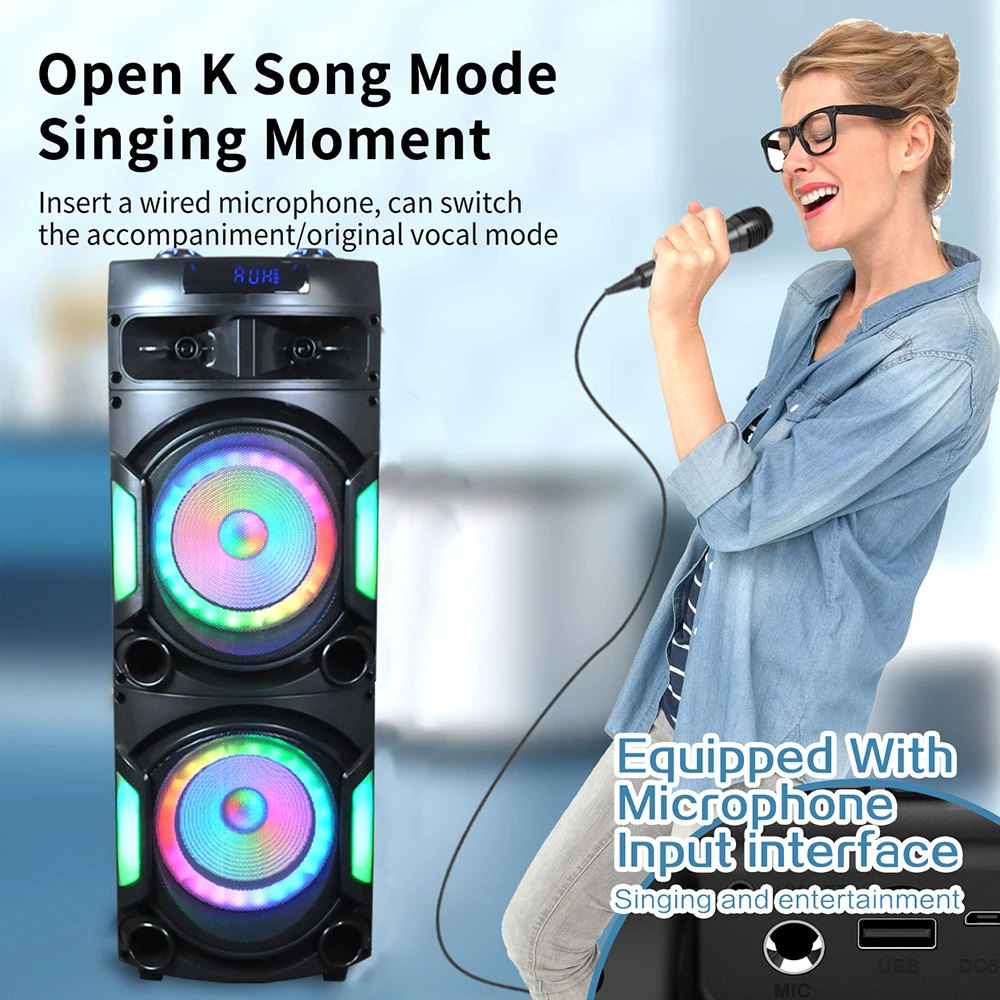 Big Bluetooth Sound Box Powerful Speaker Karaoke Outdoor Party Subwoofer rgb light Dual 10 inch Boombox Music Column with Mic