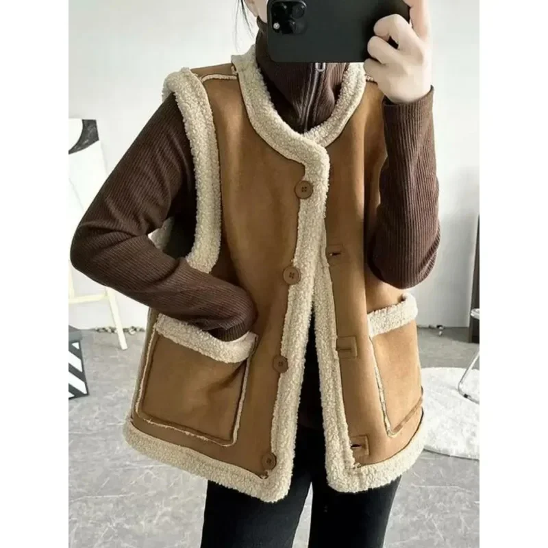 

Double-sided Wear Vest Women Retro Double-sided Plush Fur Integrated Lamb Wool Vest Winter Autumn and Winter New Hong Kong St