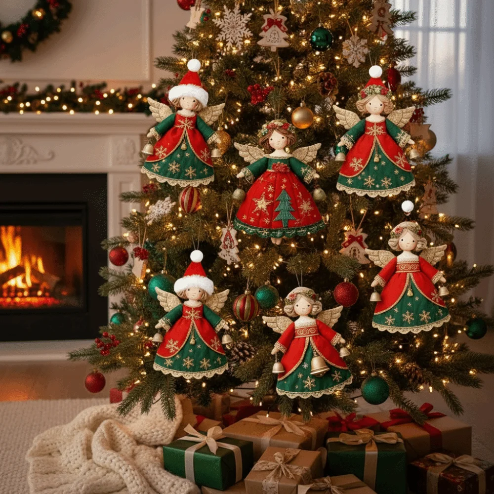 12pcs Sweet Wooden Christmas Tree Decor 2D Flat Ornament Girl-Shaped Pendant Shiny Colorful Design Home Decor Outdoor Indoor