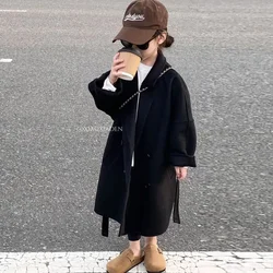 Wool Girls Korean Coat Childrens Clothing Autumn New Overcoat Versatile Spring Black Middle Length Woolen Cloth Overcoat