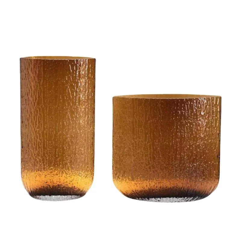 Vase en verre texturé concave-convexe plat haut de gamme de grand diamètre, ornement de dispositif de culture d'eau à motif d'écorce de salon