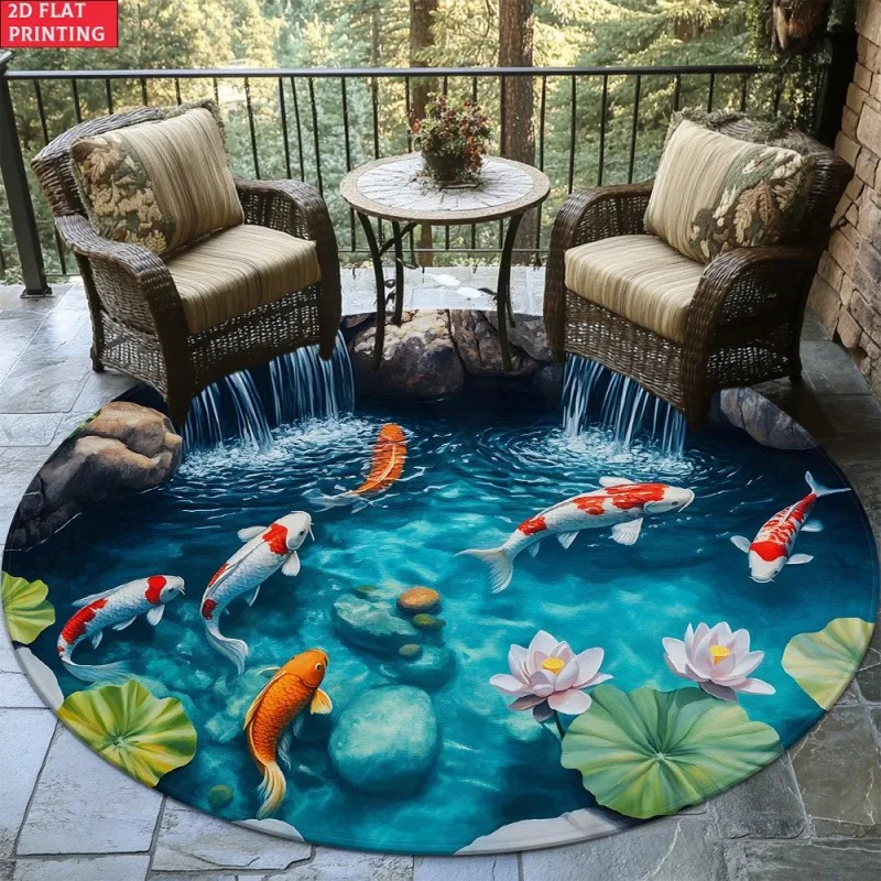 2D Koi Fish Pond Round Rug Waterfall Lotus Area Carpet Optical Illusion Floor Mat Non-Slip Decor