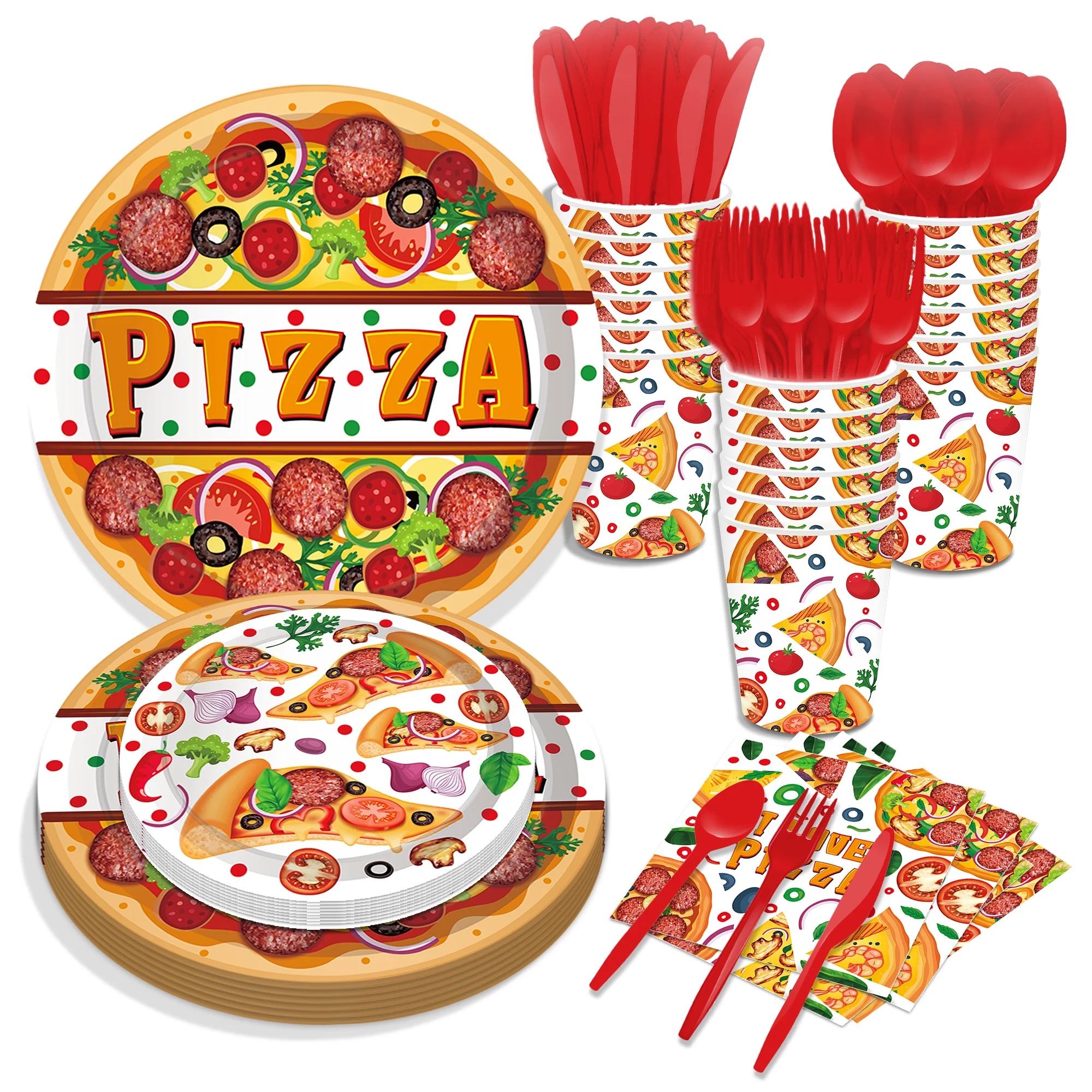 Cartoon Pizza Food Party Disposable Tableware Sets Birthday Barbecue Camping Plates Cups Napkins Baby Shower Party Picnic Decor