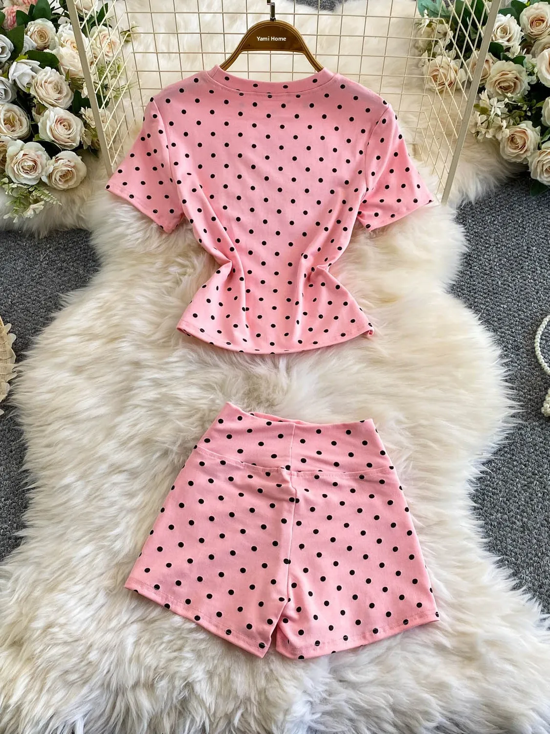 Korean Style Polka Dot Knitted Short Sleeve T-Shirt High Waist Fitness Pants Women's Fashion Set Slimming Peach Pants Two Pie... view 4