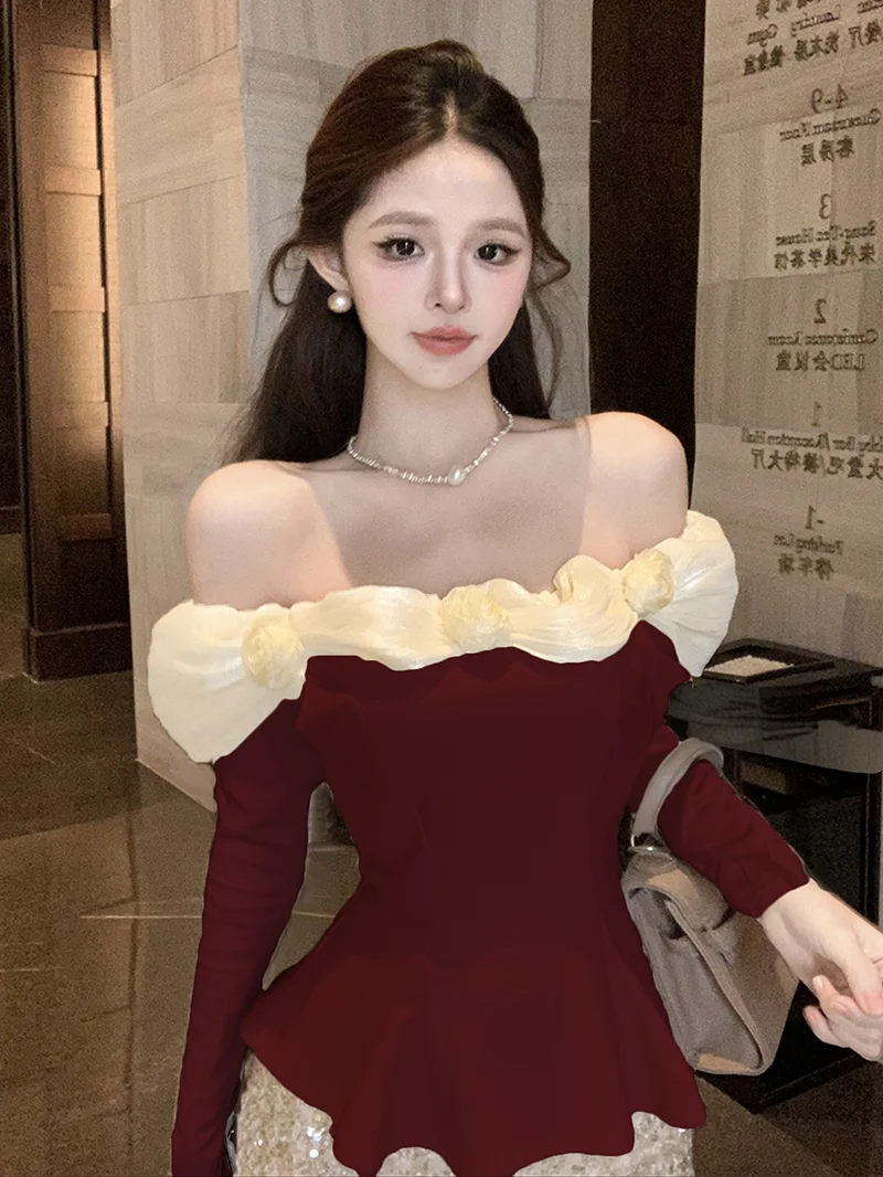 Francuskie seksowne bluzki z odkrytymi ramionami, trójwymiarowe kwiaty, kolekcja wiosna-jesień 2026, koszula damska z długim rękawem, słodkie falbanki, T-shirt.