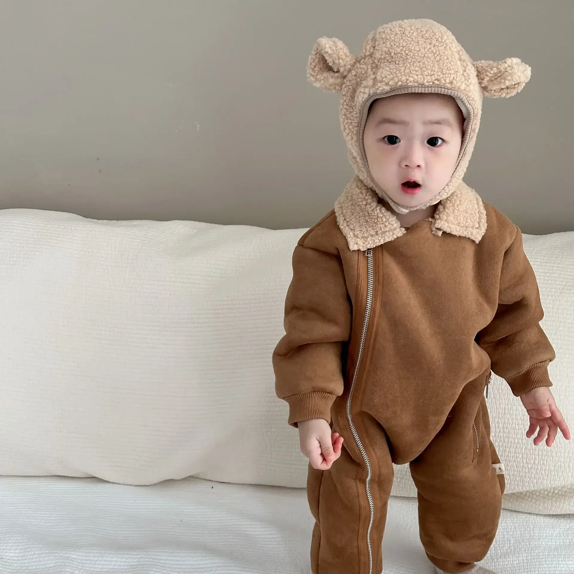 

Autumn Winter New Baby Retro Cardigan Fleece Thicken Jumpsuit Girl Infant Solid Plus Velvet One-piece Toddler Boy Cotton Romper