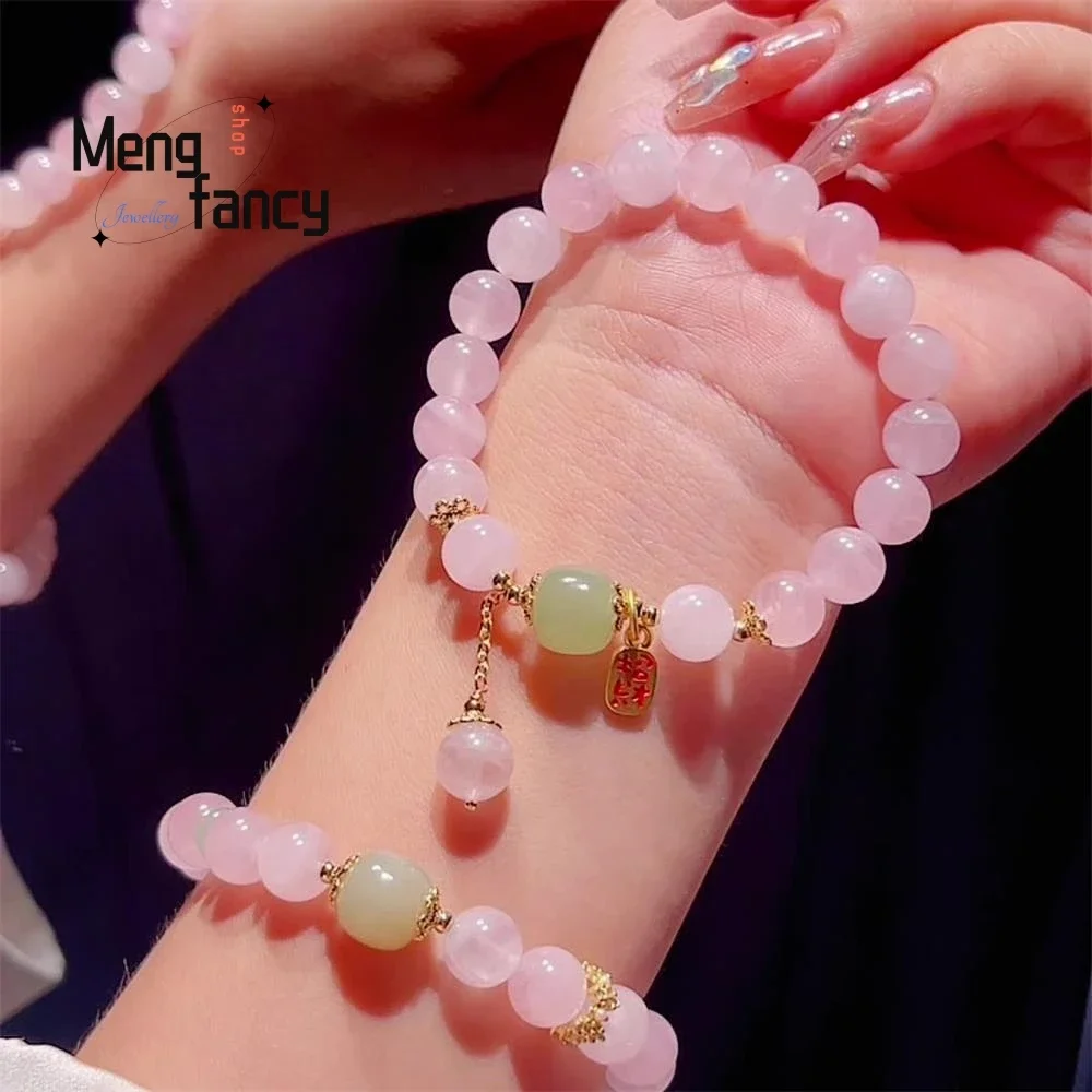 Natural Madagascar Pink Crystal Bracelet National Tide New Invitation Fortune and Blessing Pendant Hetian Jade Fashion Jewelry