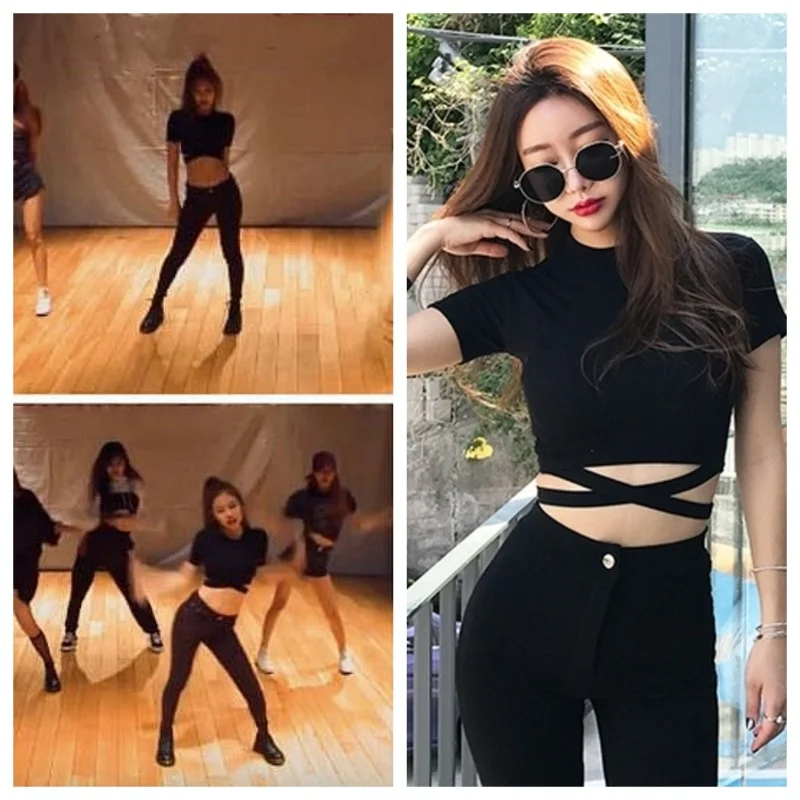 Kpop Girl Group Jennie Jazz Dance Sexy black Tight Lace-up T-shirt Crop Tops Women Summer Y2k Dance Costume Singer Rave Clothing