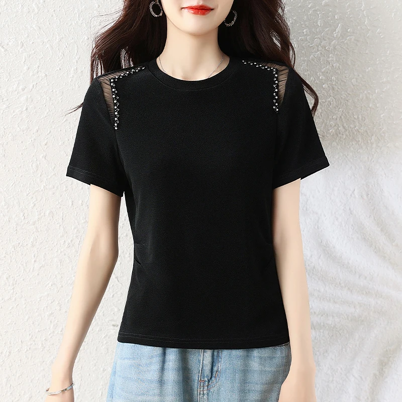 

Black Lace Shoulder round Neck T-Shirt Women Slim Fit Summer New Style Embroidered Casual Fashion Top Base Shirt