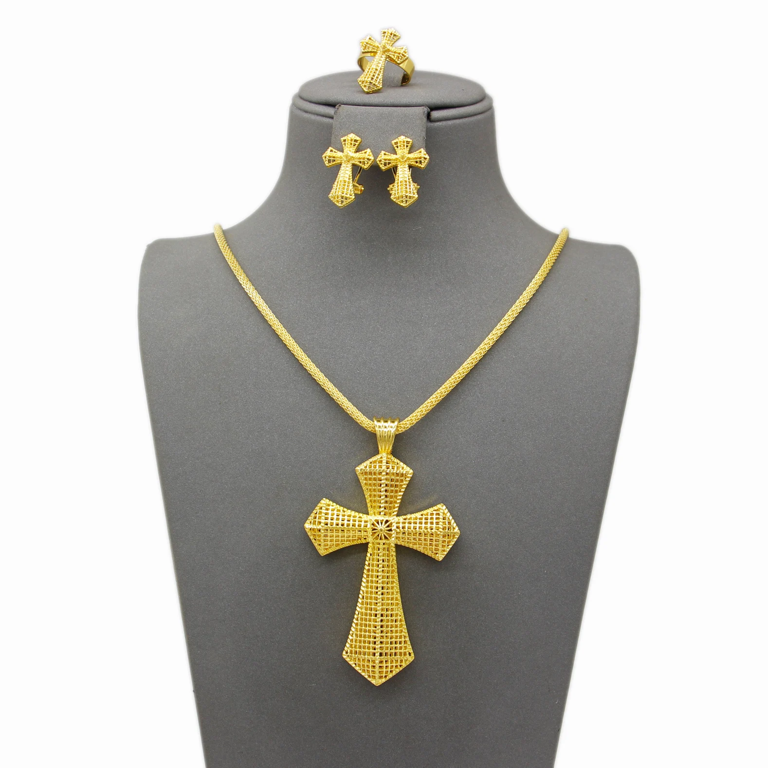 Gold Color Ethiopian Orthodox Cross Jewelry Set Hollow Mesh Cross Pendant Necklace Earrings Adjustable Ring African Habesha Wedd