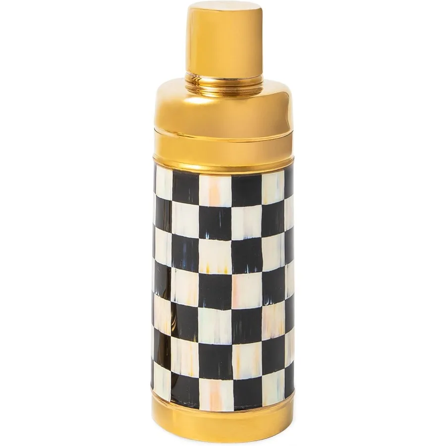 

20-Ounce Cocktail Shaker, Stainless-Steel Shaker Cup with Lid, Black-and-White Courtly Check with Gold