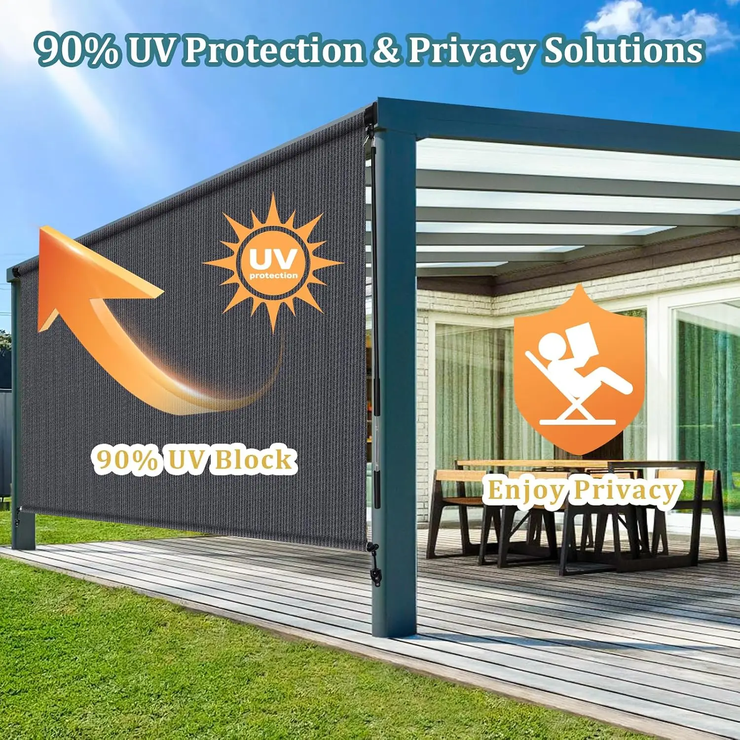 Patio Shades Roll Up Outdoor 9' W x 8' H, Cordless Roller Shade Blinds with 90% UV Protection, Exterior Sunshade Cloth Roll for Pergola Porch Gazebo Balcony, Blue Gray