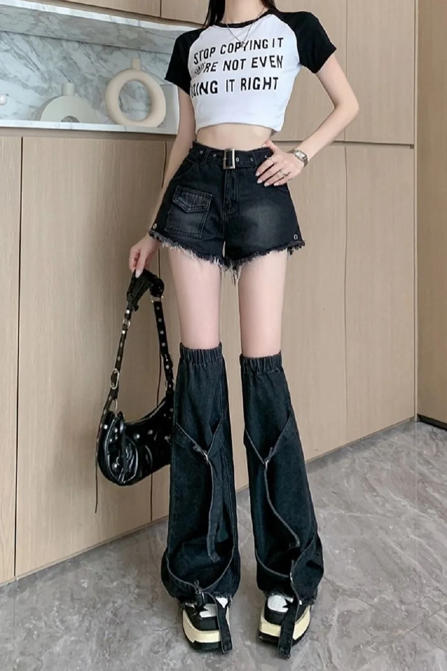 

American Two-Piece Set Design Design Sense Work Clothes Denim Shorts High Waist Leg Set Women Summer New Niche Pants