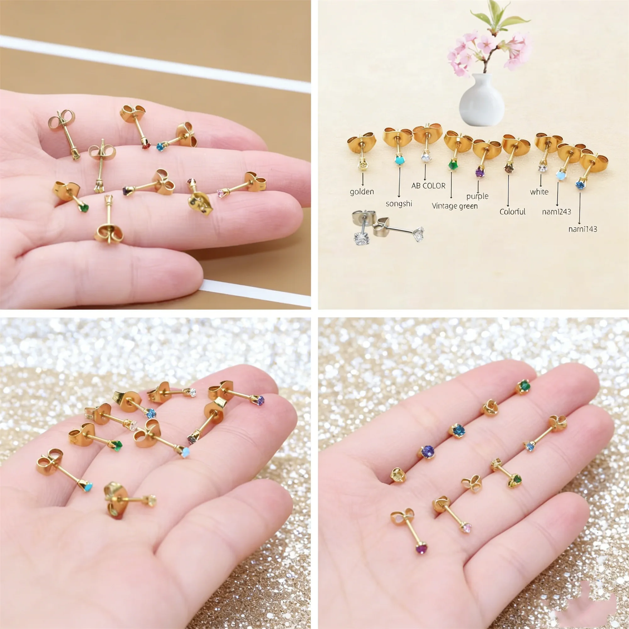 Steel Gold Color Mini 2mm AAA Round Colorful Zircon Stud Earrings Stainless Steel Needle Hypoallergenic Jewelry Set of 20