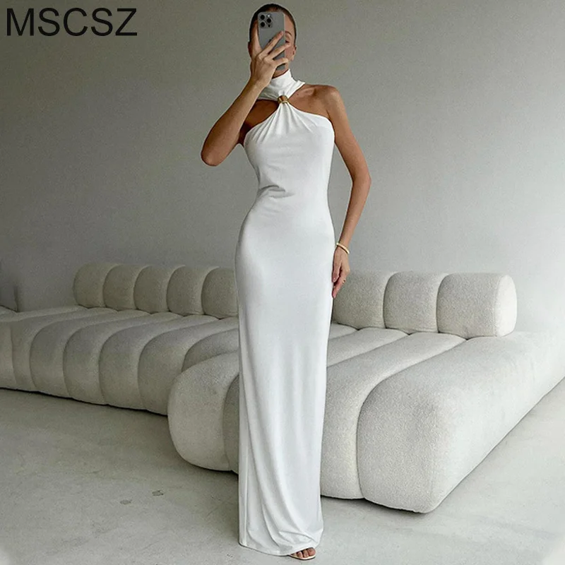 

MSCSZ Sleeveless Turtleneck Long Dresses For Women Summer Bodycon Maxi Dress Elegant Party Dresses With Metal Ring
