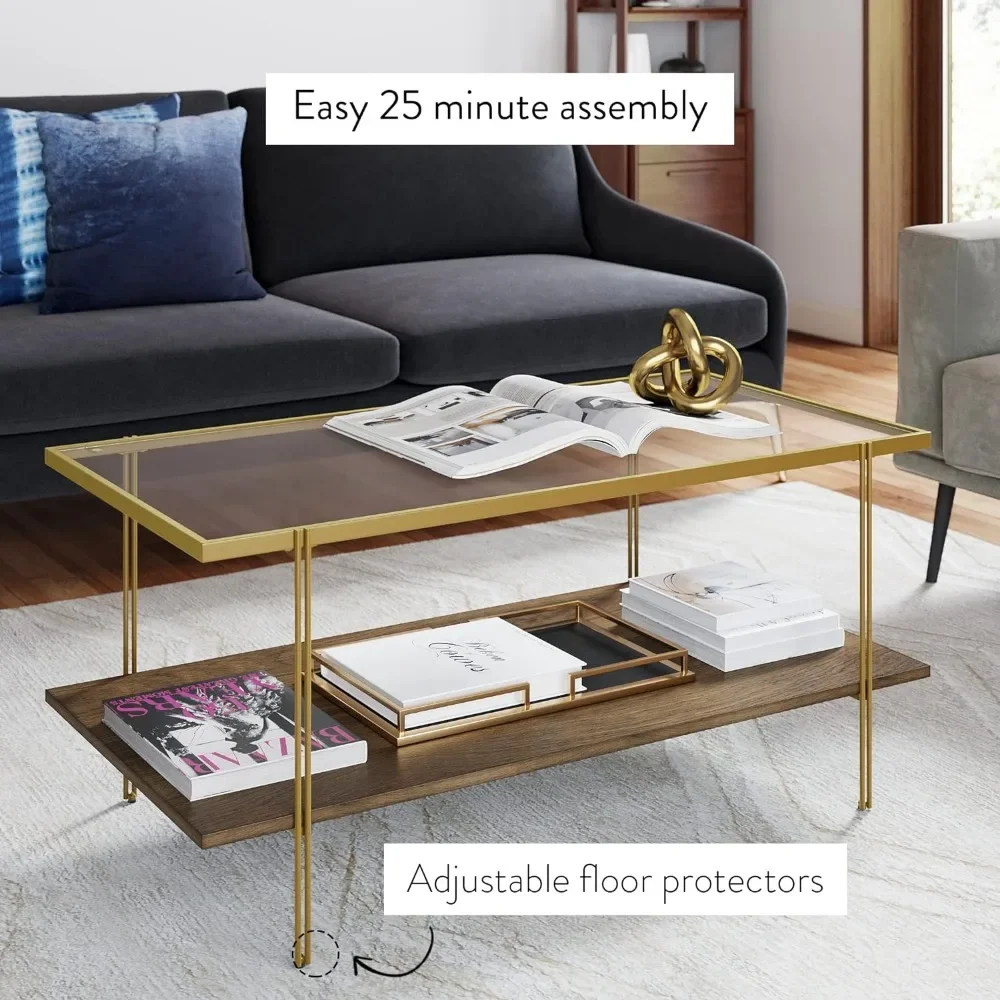 Mid-Century Rectangle Coffee Table Glass Top and Rustic Oak Storage Shelf with Sleek Brass Metal Legs, Suitable for Living Room