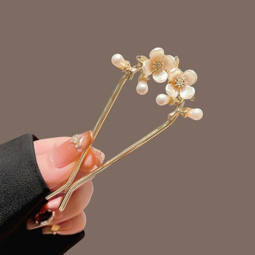 

1pc Fashionable Antique High-end Camellia Pearl U-shaped Antique Hanfu Roll New Chinese Flower Metal Hair Clip Gift Preferred