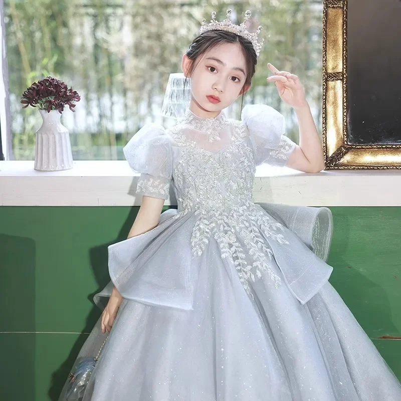 Birthday Party Dresses for Girls Puff Short Sleeves Princess Dresses High-End Fancy Summer Ball Gown Children Maxi Vestidos