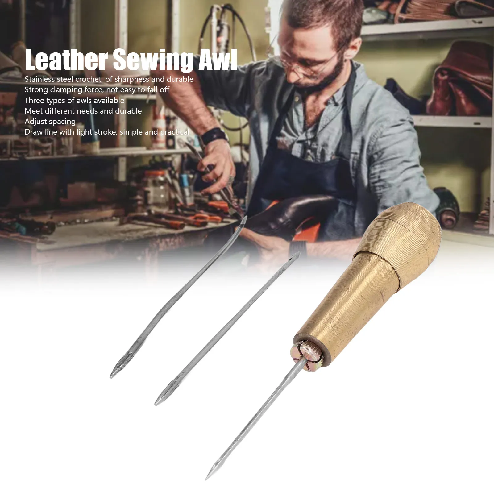 

Шило для ручного шитья, шило для шитья кожи, набор игл для ручного вышивания с латунной ручкой для ремонта обуви ручной работы, шило для шитья кожи