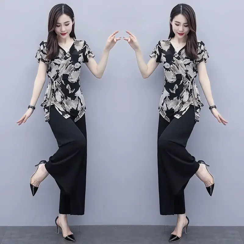 Wide Leg Pants Suits Female 2024 Summer New Two Piece Sets Womens Outfits Fashion Casual Chiffon Clothing Femme Mujer Y105